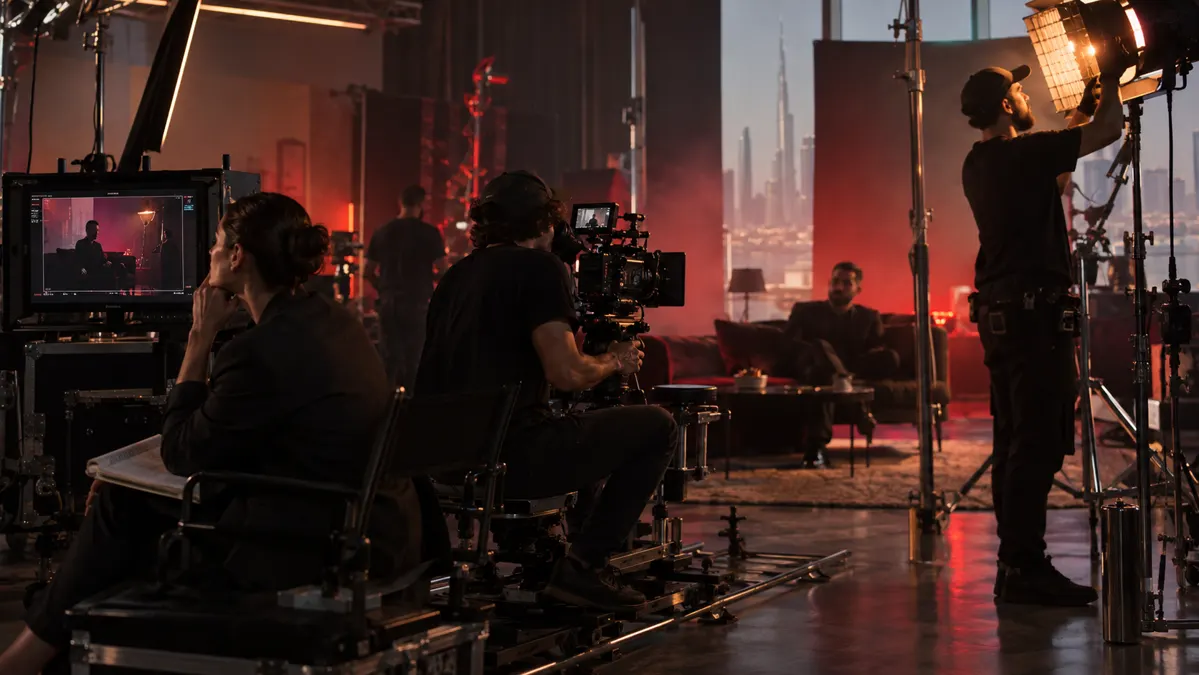 Lighting and camera preparation on a film set
