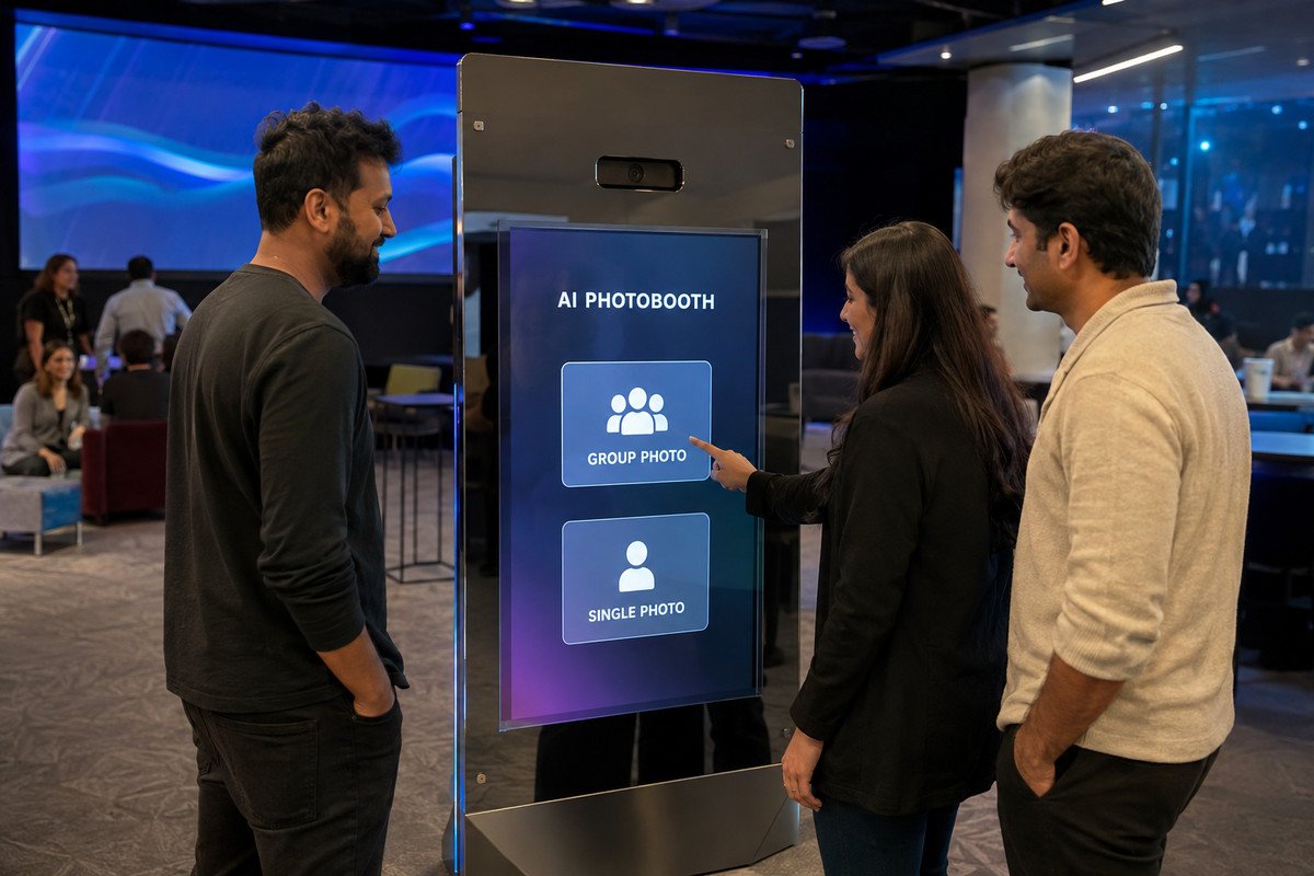 Guests choosing experience at freestanding touchscreen kiosk