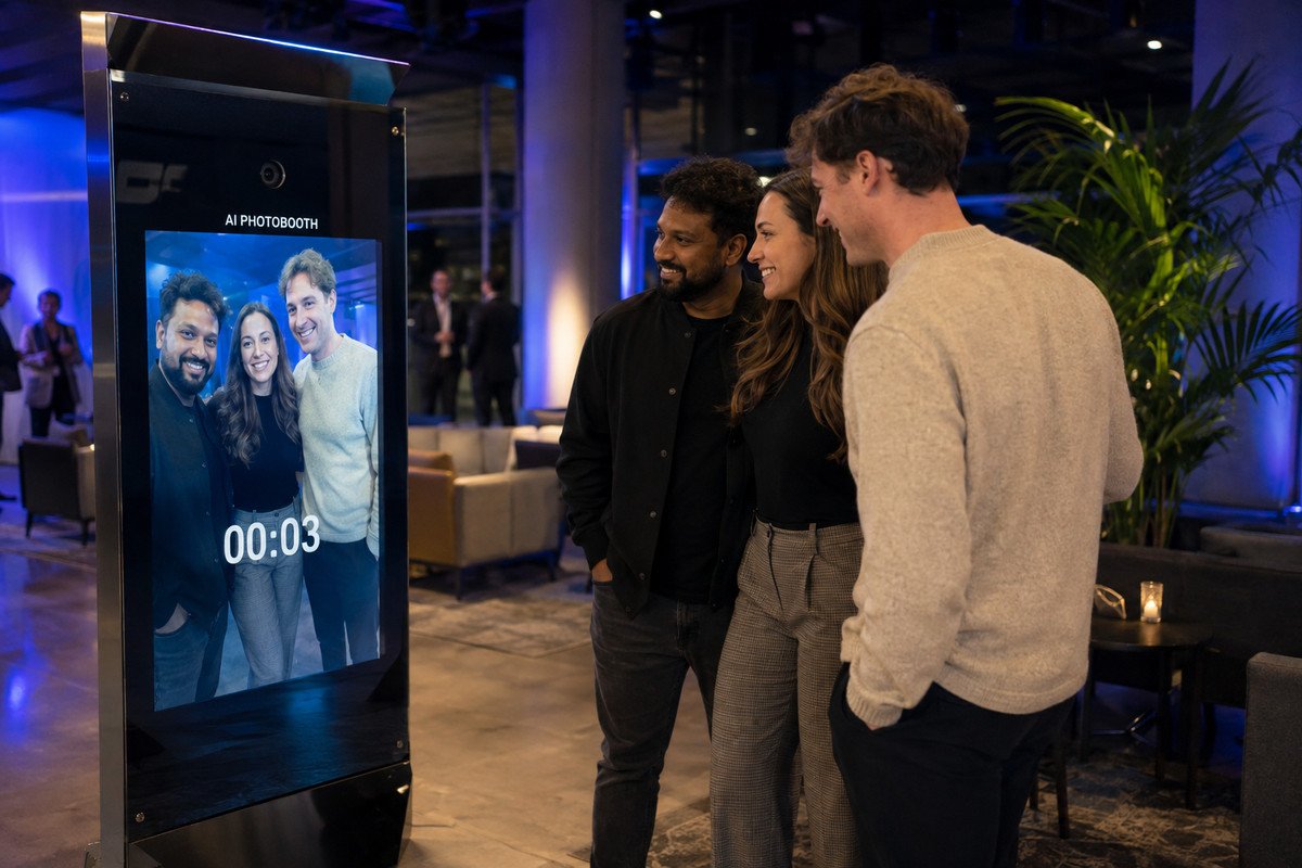 Guests posing with live preview and countdown on kiosk