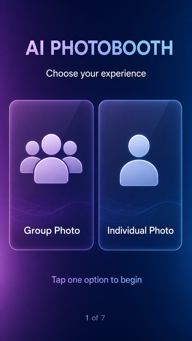 AI Photobooth Step 1: Choose your experience (Group Photo or Individual Photo)