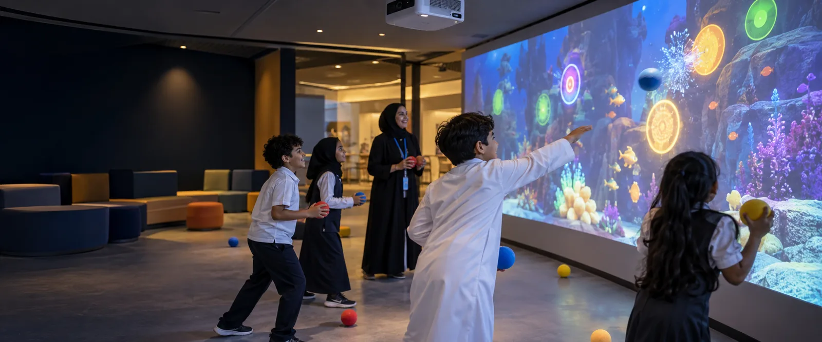 Illustrative concept of children using an interactive learning wall